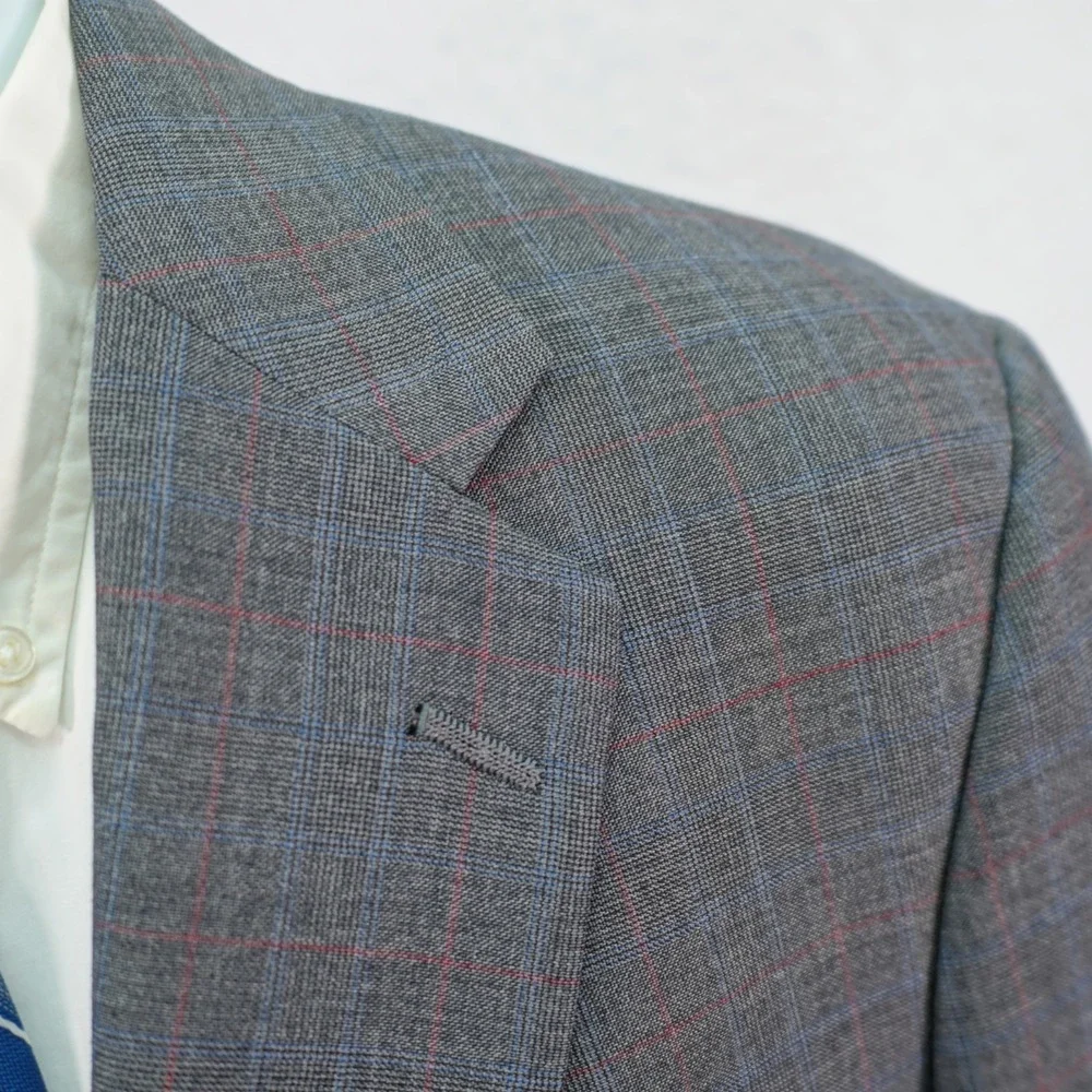 Hart‎ Schaffner Marx Gold Trumpeter Gray Wool Plaid W/ Red Blue Windowpane 40R